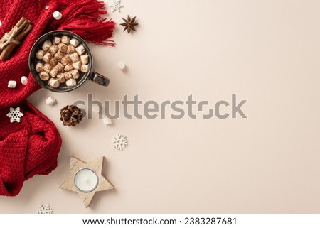 Cozy winter vibes: Top-view shot of a steaming cocoa mug with marshmallows, candle, spices, and knitted scarf on a pastel backdrop, perfect for adding your message