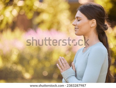 Nature meditation, peace and zen woman doing yoga, pilates or spiritual wellness training, fitness or soul aura healing. Freedom, healthcare lifestyle or relax girl meditate for chakra energy balance Royalty-Free Stock Photo #2383287987