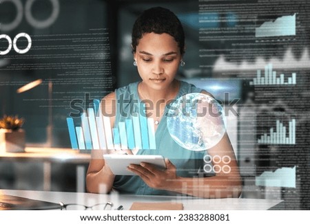 Black woman with tablet, erp data hologram and innovation, research and programming in future information technology. Futuristic network, analytics and developer for startup business website software Royalty-Free Stock Photo #2383288081