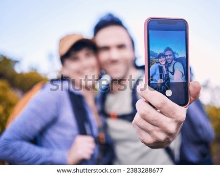 Hiking, nature and couple with selfie on screen for adventure, holiday and journey on mountain. Travel, dating and happy man and woman take picture on phone to explore, trekking and backpacking
