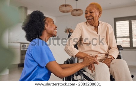 Black people, nurse and senior holding hands in wheelchair, elderly care and healthcare at home. Happy African female medical caregiver helping old age person with a disability or patient in house