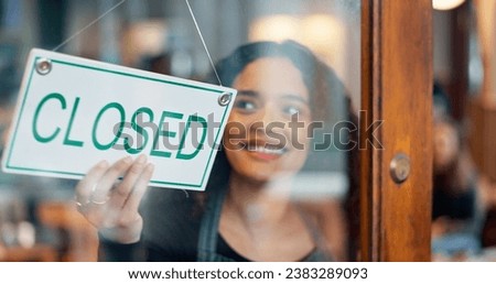 Happy woman, small business or closed sign on window in coffee shop or restaurant for end of service. Closing time, smile or manager with board, poster or message in retail store or cafe for notice