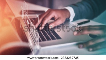 Business man typing, app overlay and laptop software hologram for information technology. Website, online cyber design and digital transformation of a it employee working on ux database and iot