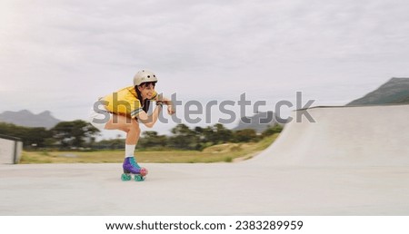 Roller skate, extreme sports and woman riding fast with speed in a skate park with mockup space outdoors. Rollerskate, skater and female skating practicing or training with safety helmet