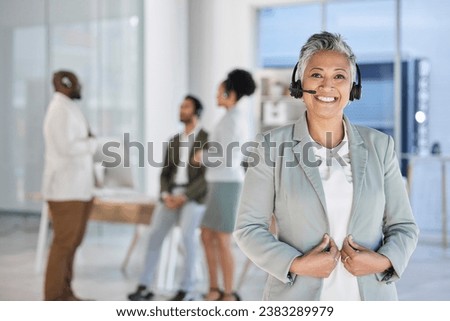 Senior woman, call center portrait and teamwork in blurred background with smile, happiness and planning. Happy crm consultant, customer service expert and tech support in modern office at night