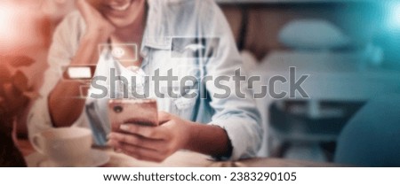 Woman, phone or networking hologram on app, iot website or futuristic software in cafe, coffee shop or restaurant. 3d abstract, digital transformation or mobile technology for happy or relax customer