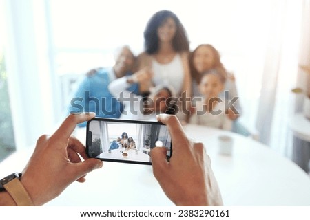 Smartphone photography, screen and hands with family at home, taking picture and memory with love and care. Technology, closeup and people together with focus, lens and photographer, app and phone