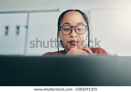 Thinking, laptop and face of professional woman reading, planning and editing online news report, social media post or research. Editor, project ideas and female reporter working on article story