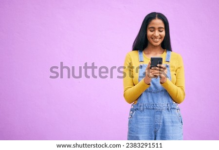 Online, happy and space with woman and phone for network, social media and communication. Contact, post and technology with person on purple background for gen z, notification and mobile app mockup