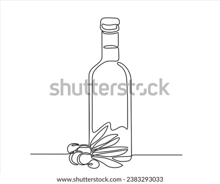 Olive oil in continuous line art drawing style. Glass bottle jug and olive tree branch with fruits and leaves minimalist black linear sketch isolated on white background. Vector illustration