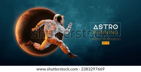 Abstract silhouette of a running athlete astronaut in space action and Earth, Mars, planets on the background of the space. Runner man are running sprint or marathon. Vector 3d render illustration Royalty-Free Stock Photo #2383297669