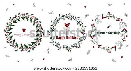 Season greeting card. Christmas wreath set with winter floral and text. Vector illustration
