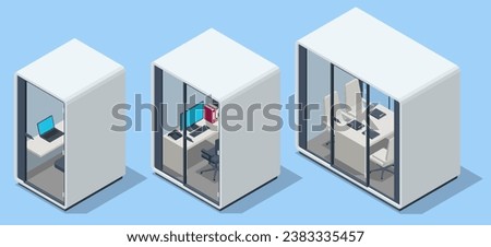 Isometric Capsule Office Pod. Movable Portable Meeting Soundproof Booth Acoustic Private Office Meeting Pod Phone Booth Office Working Studio Sound Booth. Royalty-Free Stock Photo #2383335457