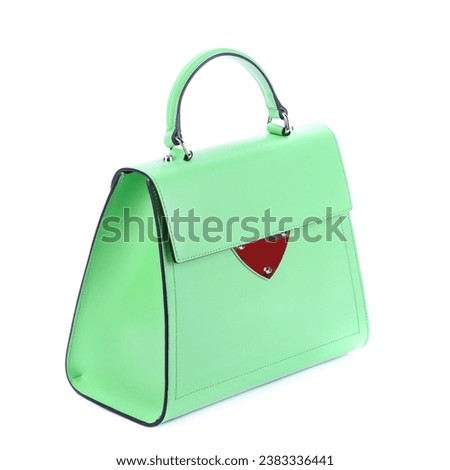 Fashionable women's top-handle flap bag in green leather with black trim, silver metal hardware, and feet isolated on a white background with copy space. Creative fashion photography.