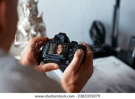 Camera, person or hands of photographer in home with creativity in pictures or photo in Italy. Photography, screen or closeup of man with art after photoshoot production for editing review or memory
