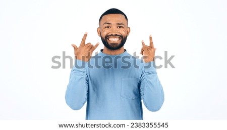 Happy man, rocker and hands with smile in studio with portrait for mockup on white background. Male model, face and excited in freedom, fun or party for energy of music, sign or punk gesture in space