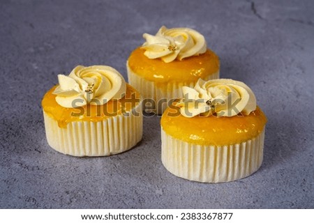 cupcake with cream on grey cement background.