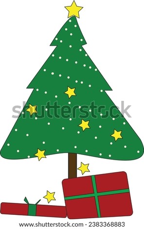 Art of a Christmas tree adorned with a star and two gifts beneath it.