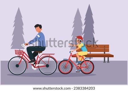Happy Parents with his child riding bike together. Outdoor leisure activities concept. Colored flat vector illustration isolated.