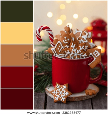 Design palette inspired by cozy Christmas hot chocolate, marshmallow, gingerbread cookies. Designer pack with photo and swatches. Harmonious warm colour combination orange, brown, green, red, beige