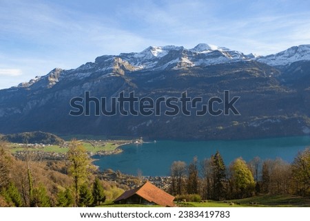 Panoramic view of lake Brienz and Swiss alps during Autumn season, Brienz, Switzerland