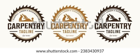 Carpentry logo design vintage  vector illustration with circular saw blade woodworking and wood planer or jack plane tools Royalty-Free Stock Photo #2383430937