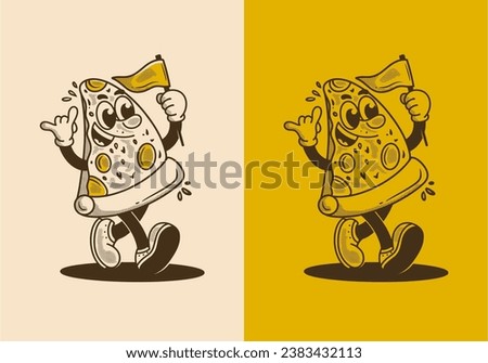 Vintage mascot character illustration of walking pizza, holding a flag Royalty-Free Stock Photo #2383432113