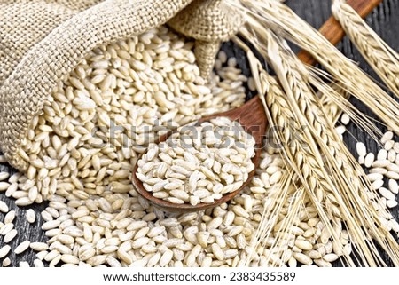Spelled in a spoon, in a burlap bag and on the table, stalks with ears of wheat on the background of black wooden board Royalty-Free Stock Photo #2383435589