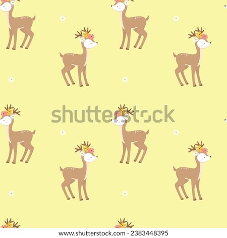 Cute adorable little baby deer. Kids card template or seamless background pattern. Hand drawn cartoon vector illustration