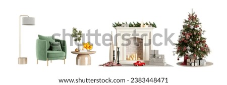 Green sofa and christmas tree and fireplace isolated