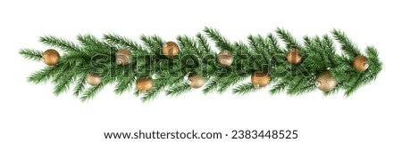 Isolated christmas border with balls branches and cones on white
