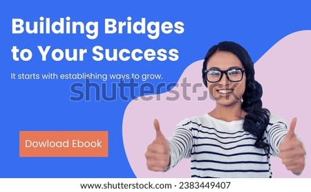 Composite of building bridges to your success text and asian woman showing thumbs up signs. Download ebook, educate, learning, online, marketing, business, card, advertise, template, design.