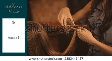 Composite of address hair, to and amount text, hands of asian hairdresser cutting client's hair. Marketing, business, card, advertise, template, design, creative concept