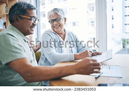 Happy, old couple and financial planning with documents in home for pension, savings or tax. Elderly, man and woman smile with budget, investment and mortgage paperwork for insurance in retirement.