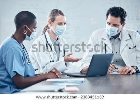 Covid, healthcare and laptop with a team of doctor and nurse working in a hospital on planning or strategy in a meeting. Computer, collaboration and medical with a group of health workers in a clinic
