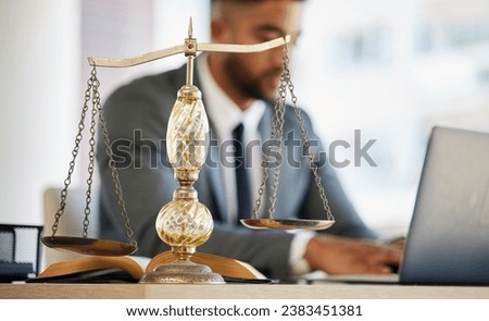 Lawyer, man and laptop with balance scale in office for consultation with research or client. Justice, attorney and tech for information for online agreement for auction with advocate legal contract.