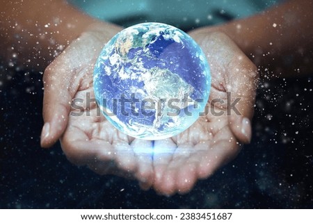 Hands, world and hologram with a person using a ux interface to access the metaverse of global data. Future, overlay and 3d globe in the hand for an ai information technology search of the internet