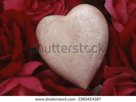 Stone Heart on Red Rose Petals, Heart, Love, Love Sorrow, Concept, Wedding, Marriage Proposal, Love Confession, Love Symbol, Heartache