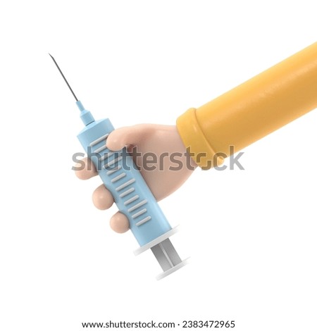 3d render. Doctor cartoon hand holding big syringe with vaccine against virus. Medical healthcare illustration. Pharmaceutical clip art.3D rendering on white background.

