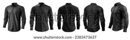 Set of black button long sleeve collar shirt front, back and side view on white background cutout file. Mockup template for artwork graphic design Royalty-Free Stock Photo #2383473637