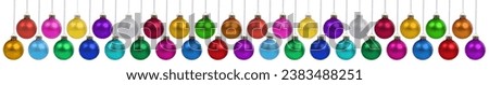 Christmas balls many baubles decoration banner hanging isolated on a white background