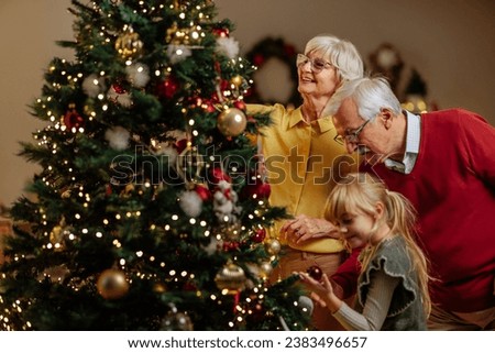 A shot of a Christmas tree being decorated with Christmas decoration by a little girl and her grandparents