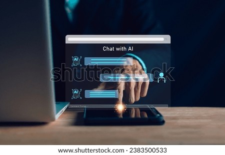 AI Chatbot. Businessman using computer with artificial intelligence with command prompt for generate. Technology links information digital marketing, innovation futuristic, big data.