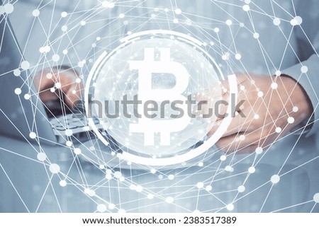 Blockchain theme hud with businessman working on computer on background. Concept of crypto chain. Multi exposure.