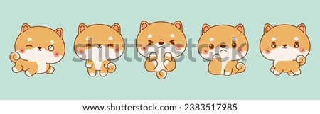Collection of Vector Cartoon Shiba Inu Puppy Art. Set of Kawaii Isolated Baby Dog Illustrations for Prints for Clothes, Stickers, Baby Shower, Coloring Pages. 
