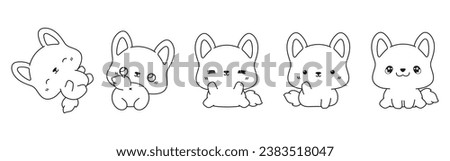 Set of Kawaii Isolated Corgi Dog Coloring Page. Collection of Cute Vector Cartoon Puppy Outline for Stickers, Baby Shower, Coloring Book, Prints for Clothes. 