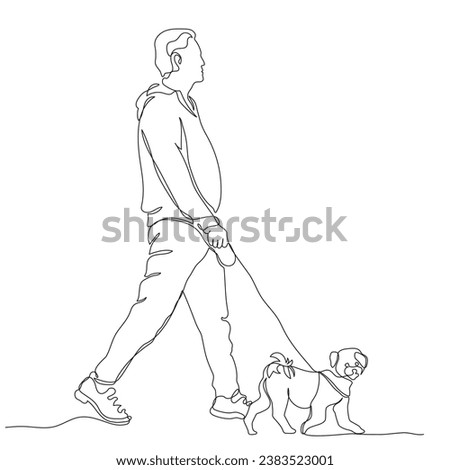 Man with dog walking outdoors. Continuous line drawing. Black and white vector illustration in line art style.
