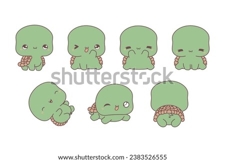 Collection of Vector Cartoon Tortoise Art. Set of Kawaii Isolated Animal Illustrations for Prints for Clothes, Stickers, Baby Shower, Coloring Pages. 