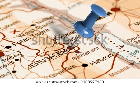 Jerusalem is pinned on map close up zoom focused photo high quality resolution