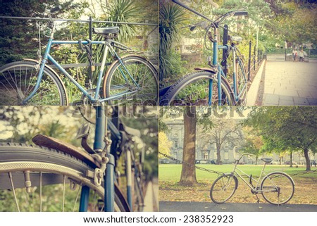 Collage of different picture of a vintage old blue bike  
